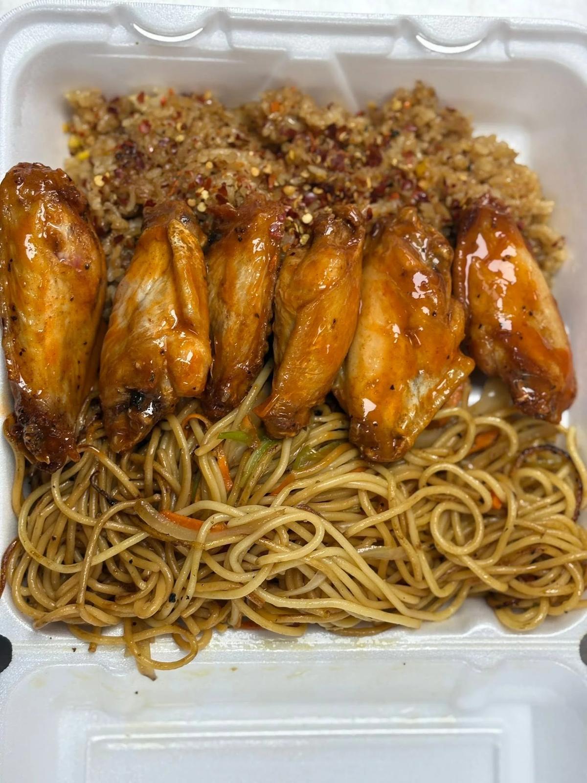 Hibachi wings over noodles